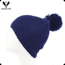 Chapéu de malha de lã de inverno de cor sólida com bola superior